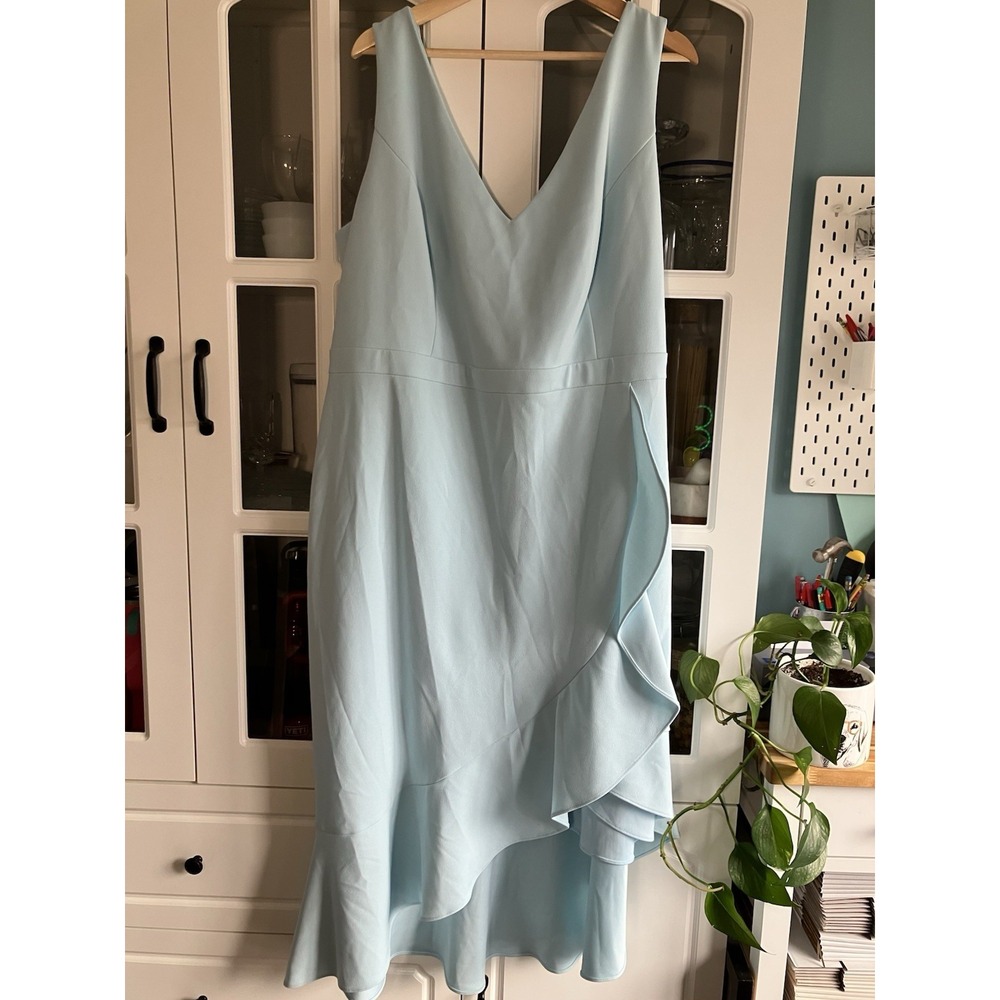 XSCAPE Light Blue Ruffle V-Neck High-Low Gown Dress Womens Plus 22W Made in USA